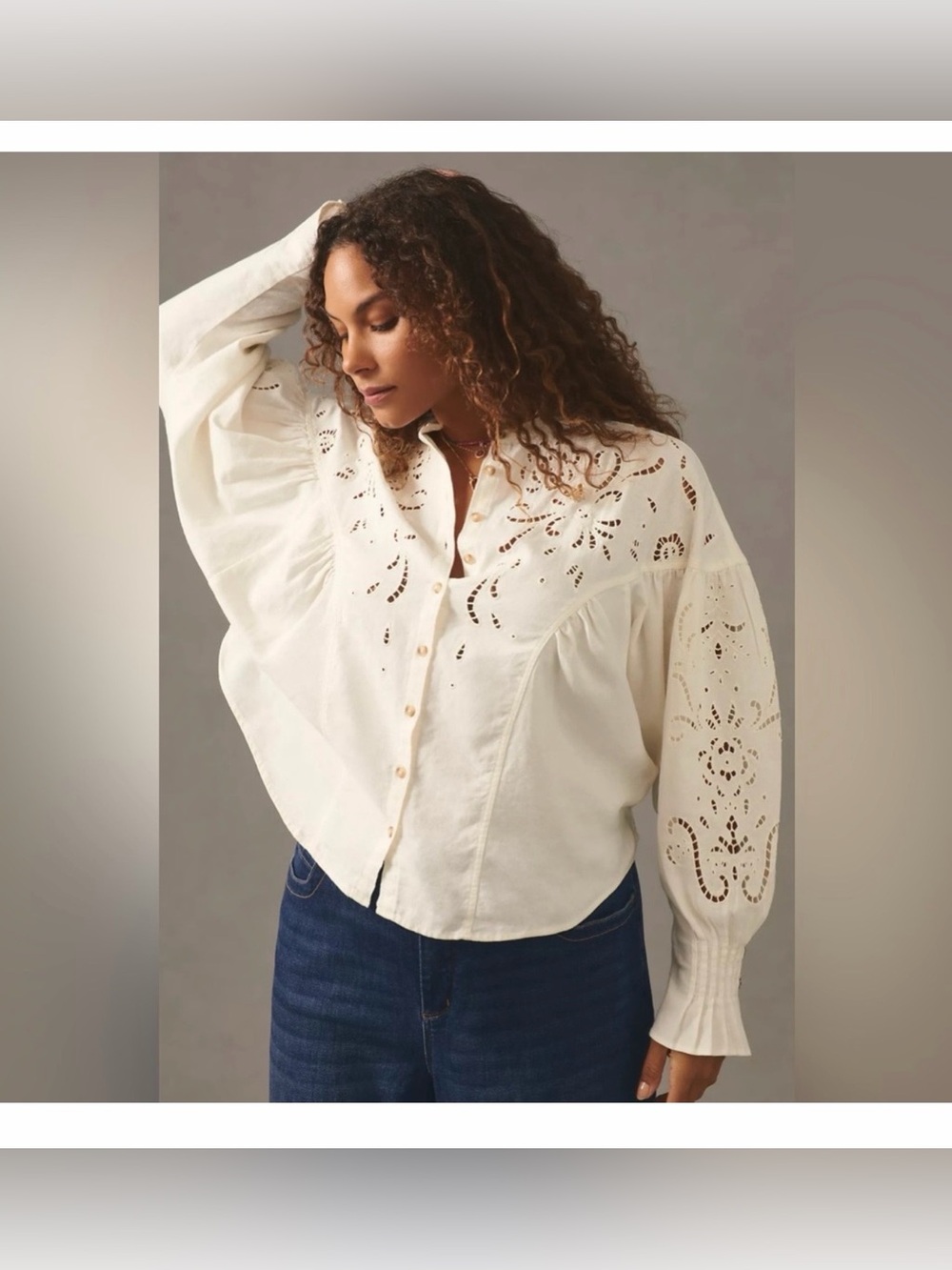 Anthropologie Pilcro Structured Eyelet Blouse Cream Button-Front Shirt Size S - Picture 4 of 17